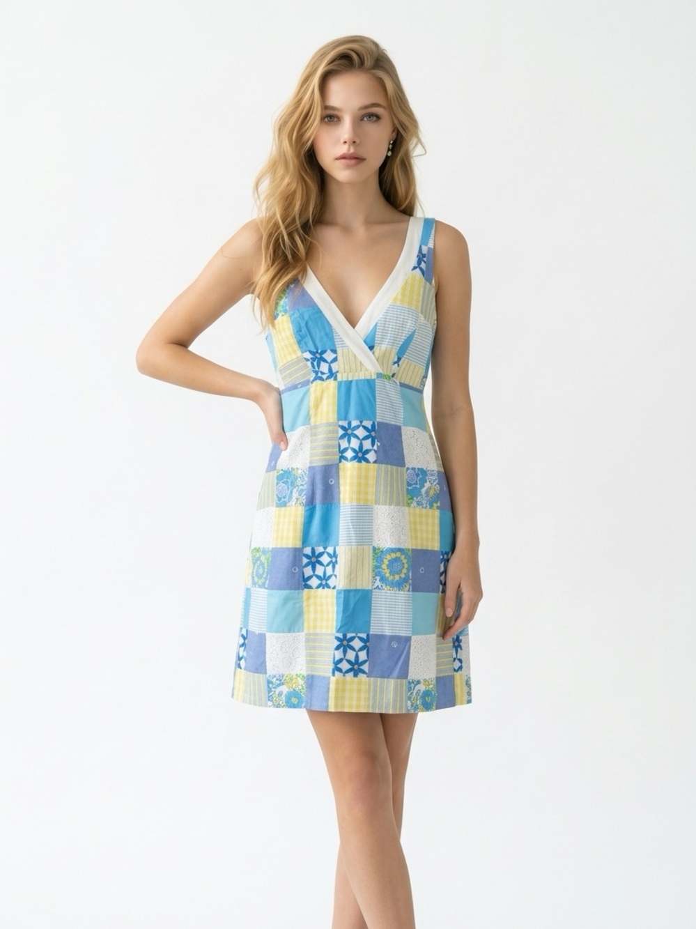 Lilly Pulitzer Patchwork Blue Yellow White Mini Dress Size 2
